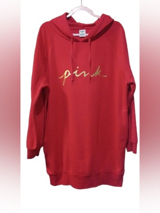 PINK Victoria's Secret Tops - PINK Victoria's Secret Red Hoodie Dress with Gold Script
